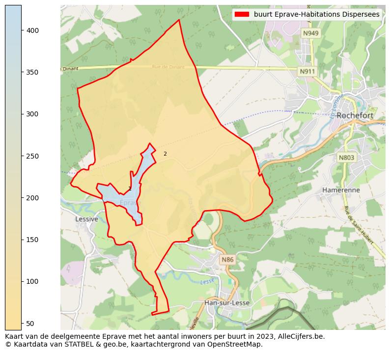 Aantal inwoners op de kaart van de buurt Eprave-Habitations Dispersees: Op deze pagina vind je veel informatie over inwoners (zoals de verdeling naar leeftijdsgroepen, gezinssamenstelling, geslacht, autochtoon of Belgisch met een immigratie achtergrond,...), woningen (aantallen, types, prijs ontwikkeling, gebruik, type eigendom,...) en méér (autobezit, energieverbruik,...)  op basis van open data van STATBEL en diverse andere bronnen!