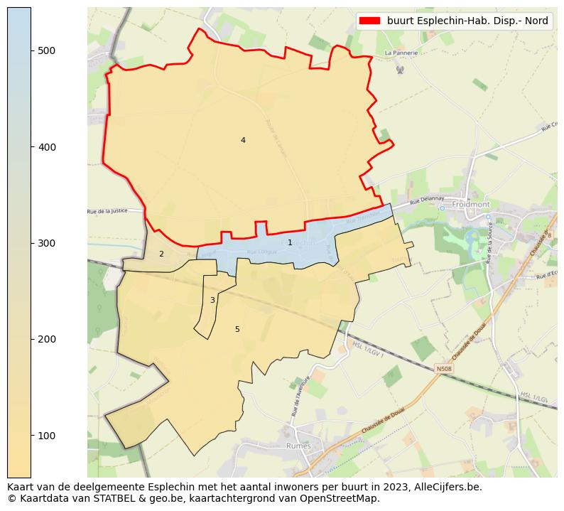 Aantal inwoners op de kaart van de buurt Esplechin-Hab. Disp.- Nord: Op deze pagina vind je veel informatie over inwoners (zoals de verdeling naar leeftijdsgroepen, gezinssamenstelling, geslacht, autochtoon of Belgisch met een immigratie achtergrond,...), woningen (aantallen, types, prijs ontwikkeling, gebruik, type eigendom,...) en méér (autobezit, energieverbruik,...)  op basis van open data van STATBEL en diverse andere bronnen!