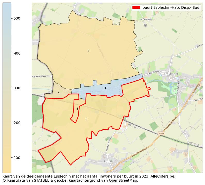 Aantal inwoners op de kaart van de buurt Esplechin-Hab. Disp.- Sud: Op deze pagina vind je veel informatie over inwoners (zoals de verdeling naar leeftijdsgroepen, gezinssamenstelling, geslacht, autochtoon of Belgisch met een immigratie achtergrond,...), woningen (aantallen, types, prijs ontwikkeling, gebruik, type eigendom,...) en méér (autobezit, energieverbruik,...)  op basis van open data van STATBEL en diverse andere bronnen!