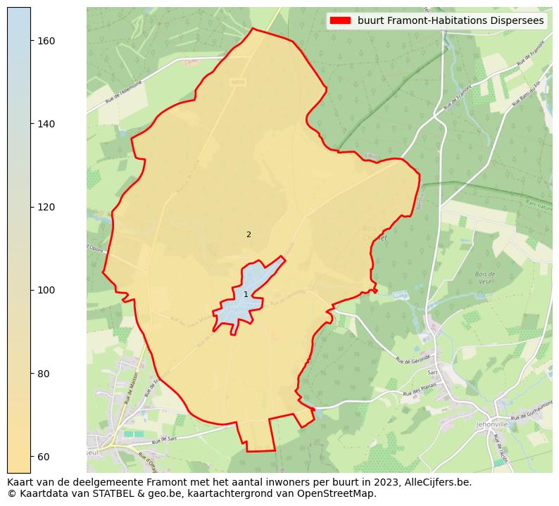 Aantal inwoners op de kaart van de buurt Framont-Habitations Dispersees: Op deze pagina vind je veel informatie over inwoners (zoals de verdeling naar leeftijdsgroepen, gezinssamenstelling, geslacht, autochtoon of Belgisch met een immigratie achtergrond,...), woningen (aantallen, types, prijs ontwikkeling, gebruik, type eigendom,...) en méér (autobezit, energieverbruik,...)  op basis van open data van STATBEL en diverse andere bronnen!