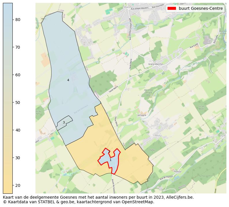Aantal inwoners op de kaart van de buurt Goesnes-Centre: Op deze pagina vind je veel informatie over inwoners (zoals de verdeling naar leeftijdsgroepen, gezinssamenstelling, geslacht, autochtoon of Belgisch met een immigratie achtergrond,...), woningen (aantallen, types, prijs ontwikkeling, gebruik, type eigendom,...) en méér (autobezit, energieverbruik,...)  op basis van open data van STATBEL en diverse andere bronnen!