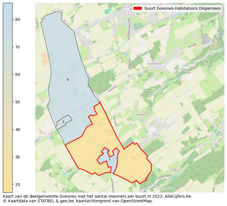 Aantal inwoners op de kaart van de buurt Goesnes-Habitations Dispersees: Op deze pagina vind je veel informatie over inwoners (zoals de verdeling naar leeftijdsgroepen, gezinssamenstelling, geslacht, autochtoon of Belgisch met een immigratie achtergrond,...), woningen (aantallen, types, prijs ontwikkeling, gebruik, type eigendom,...) en méér (autobezit, energieverbruik,...)  op basis van open data van STATBEL en diverse andere bronnen!