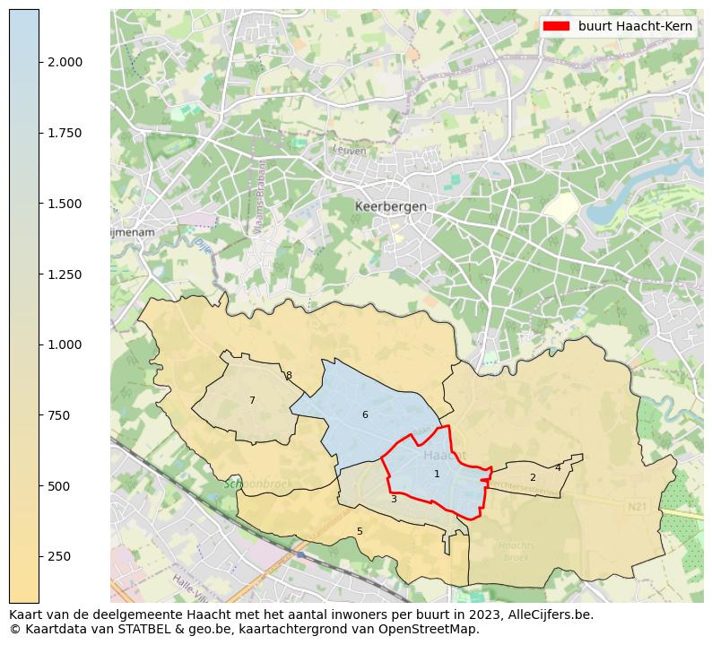 Aantal inwoners op de kaart van de buurt Haacht-Kern: Op deze pagina vind je veel informatie over inwoners (zoals de verdeling naar leeftijdsgroepen, gezinssamenstelling, geslacht, autochtoon of Belgisch met een immigratie achtergrond,...), woningen (aantallen, types, prijs ontwikkeling, gebruik, type eigendom,...) en méér (autobezit, energieverbruik,...)  op basis van open data van STATBEL en diverse andere bronnen!