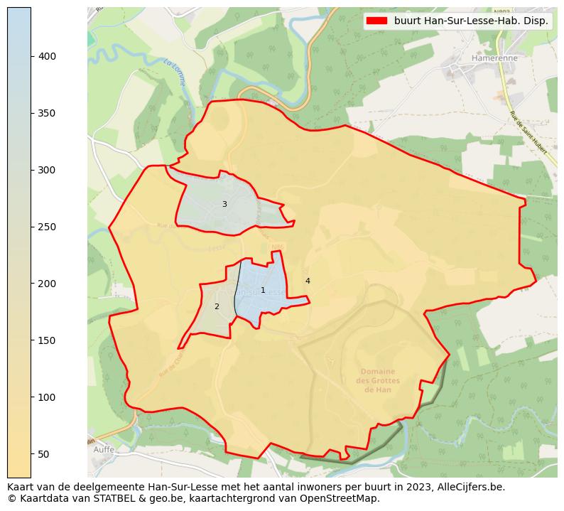 Aantal inwoners op de kaart van de buurt Han-Sur-Lesse-Hab. Disp.: Op deze pagina vind je veel informatie over inwoners (zoals de verdeling naar leeftijdsgroepen, gezinssamenstelling, geslacht, autochtoon of Belgisch met een immigratie achtergrond,...), woningen (aantallen, types, prijs ontwikkeling, gebruik, type eigendom,...) en méér (autobezit, energieverbruik,...)  op basis van open data van STATBEL en diverse andere bronnen!