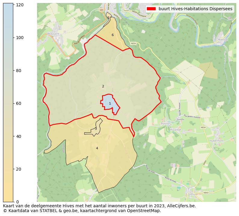 Aantal inwoners op de kaart van de buurt Hives-Habitations Dispersees: Op deze pagina vind je veel informatie over inwoners (zoals de verdeling naar leeftijdsgroepen, gezinssamenstelling, geslacht, autochtoon of Belgisch met een immigratie achtergrond,...), woningen (aantallen, types, prijs ontwikkeling, gebruik, type eigendom,...) en méér (autobezit, energieverbruik,...)  op basis van open data van STATBEL en diverse andere bronnen!