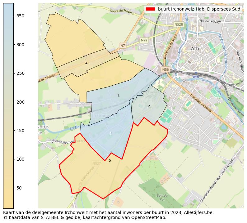 Aantal inwoners op de kaart van de buurt Irchonwelz-Hab. Dispersees Sud: Op deze pagina vind je veel informatie over inwoners (zoals de verdeling naar leeftijdsgroepen, gezinssamenstelling, geslacht, autochtoon of Belgisch met een immigratie achtergrond,...), woningen (aantallen, types, prijs ontwikkeling, gebruik, type eigendom,...) en méér (autobezit, energieverbruik,...)  op basis van open data van STATBEL en diverse andere bronnen!