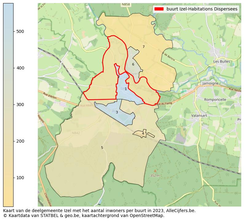 Aantal inwoners op de kaart van de buurt Izel-Habitations Dispersees: Op deze pagina vind je veel informatie over inwoners (zoals de verdeling naar leeftijdsgroepen, gezinssamenstelling, geslacht, autochtoon of Belgisch met een immigratie achtergrond,...), woningen (aantallen, types, prijs ontwikkeling, gebruik, type eigendom,...) en méér (autobezit, energieverbruik,...)  op basis van open data van STATBEL en diverse andere bronnen!