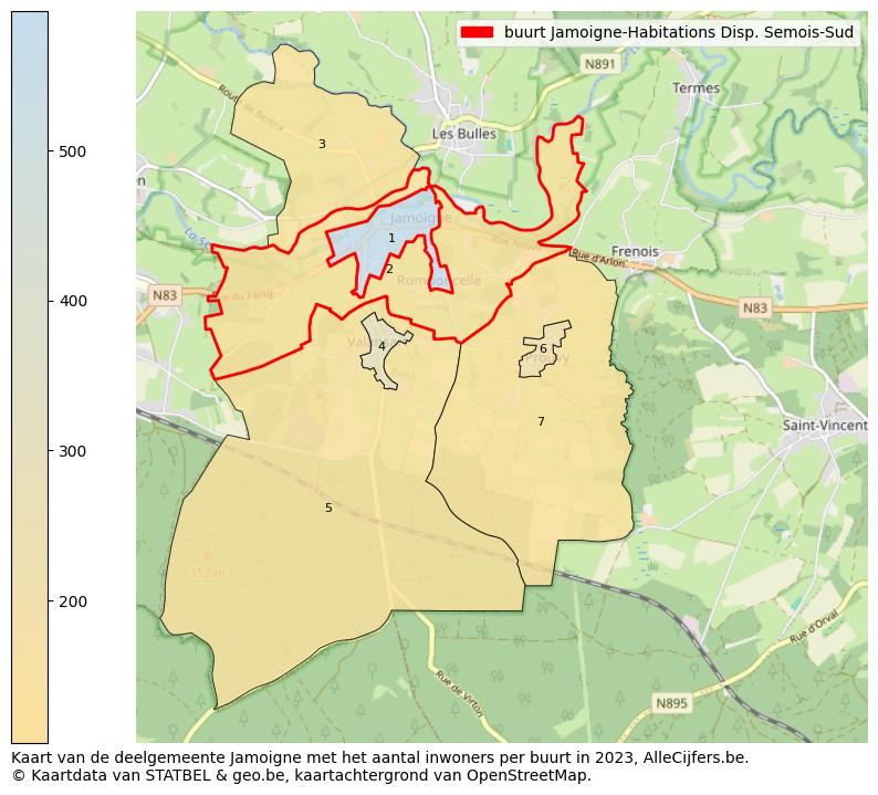 Aantal inwoners op de kaart van de buurt Jamoigne-Habitations Disp. Semois-Sud: Op deze pagina vind je veel informatie over inwoners (zoals de verdeling naar leeftijdsgroepen, gezinssamenstelling, geslacht, autochtoon of Belgisch met een immigratie achtergrond,...), woningen (aantallen, types, prijs ontwikkeling, gebruik, type eigendom,...) en méér (autobezit, energieverbruik,...)  op basis van open data van STATBEL en diverse andere bronnen!