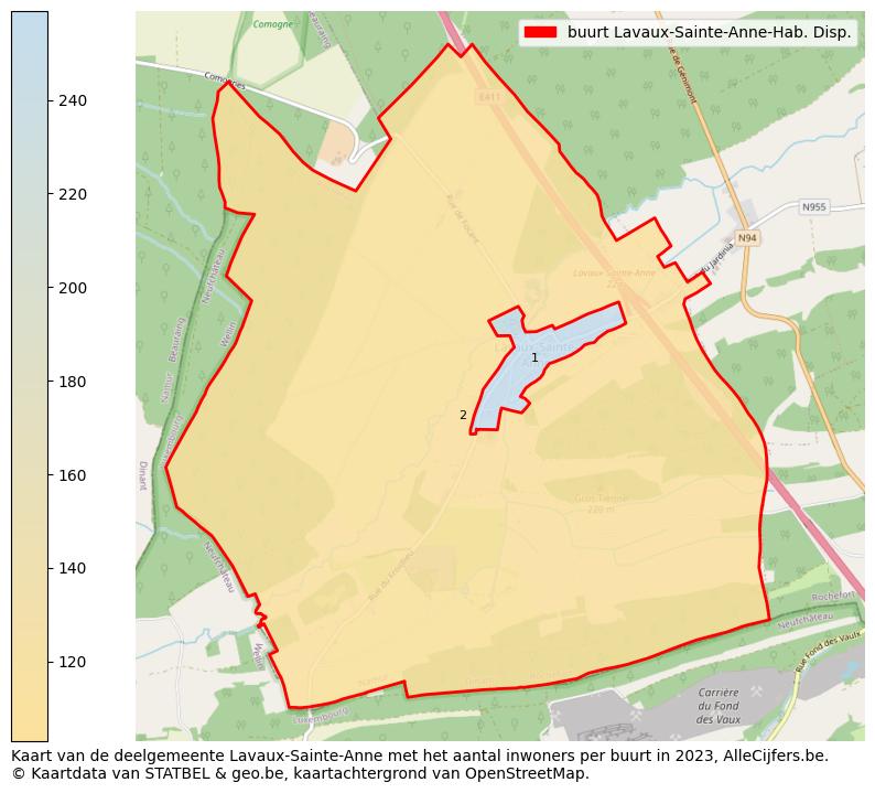 Aantal inwoners op de kaart van de buurt Lavaux-Sainte-Anne-Hab. Disp.: Op deze pagina vind je veel informatie over inwoners (zoals de verdeling naar leeftijdsgroepen, gezinssamenstelling, geslacht, autochtoon of Belgisch met een immigratie achtergrond,...), woningen (aantallen, types, prijs ontwikkeling, gebruik, type eigendom,...) en méér (autobezit, energieverbruik,...)  op basis van open data van STATBEL en diverse andere bronnen!