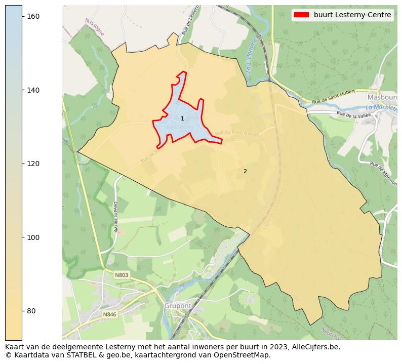 Aantal inwoners op de kaart van de buurt Lesterny-Centre: Op deze pagina vind je veel informatie over inwoners (zoals de verdeling naar leeftijdsgroepen, gezinssamenstelling, geslacht, autochtoon of Belgisch met een immigratie achtergrond,...), woningen (aantallen, types, prijs ontwikkeling, gebruik, type eigendom,...) en méér (autobezit, energieverbruik,...)  op basis van open data van STATBEL en diverse andere bronnen!