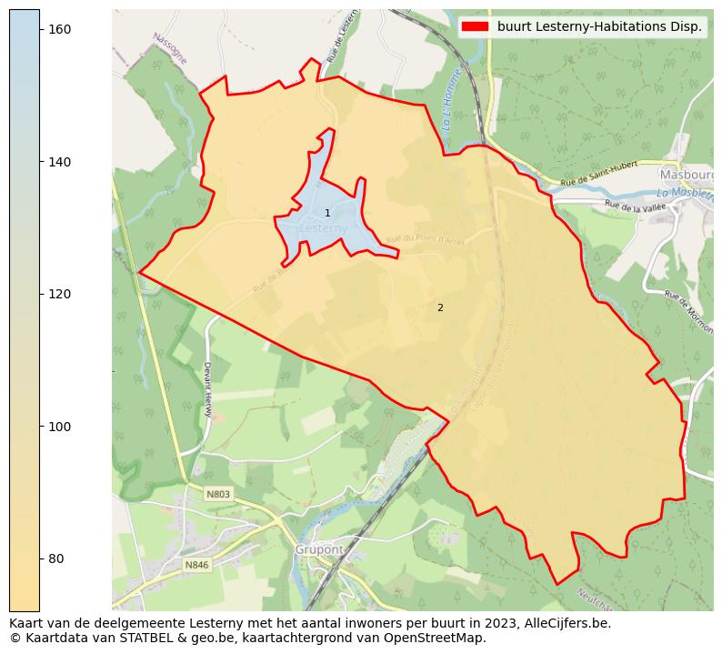 Aantal inwoners op de kaart van de buurt Lesterny-Habitations Disp.: Op deze pagina vind je veel informatie over inwoners (zoals de verdeling naar leeftijdsgroepen, gezinssamenstelling, geslacht, autochtoon of Belgisch met een immigratie achtergrond,...), woningen (aantallen, types, prijs ontwikkeling, gebruik, type eigendom,...) en méér (autobezit, energieverbruik,...)  op basis van open data van STATBEL en diverse andere bronnen!