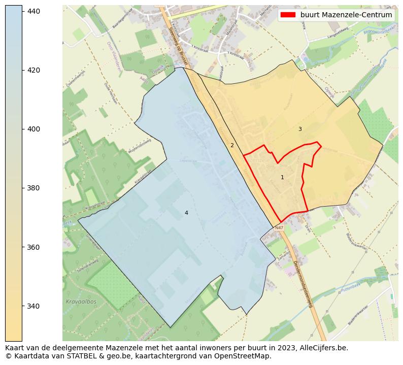 Aantal inwoners op de kaart van de buurt Mazenzele-Centrum: Op deze pagina vind je veel informatie over inwoners (zoals de verdeling naar leeftijdsgroepen, gezinssamenstelling, geslacht, autochtoon of Belgisch met een immigratie achtergrond,...), woningen (aantallen, types, prijs ontwikkeling, gebruik, type eigendom,...) en méér (autobezit, energieverbruik,...)  op basis van open data van STATBEL en diverse andere bronnen!