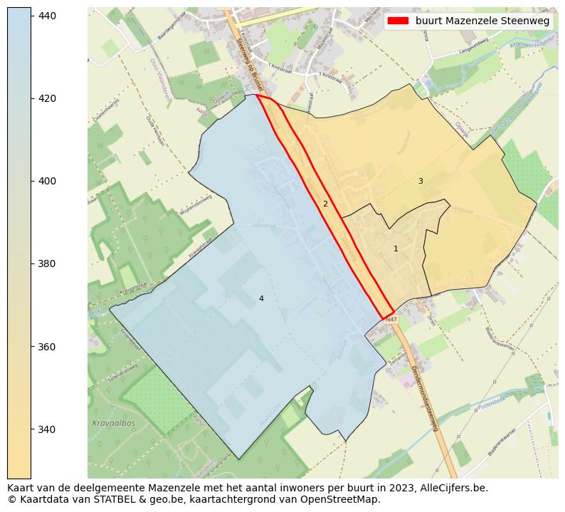 Aantal inwoners op de kaart van de buurt Mazenzele Steenweg: Op deze pagina vind je veel informatie over inwoners (zoals de verdeling naar leeftijdsgroepen, gezinssamenstelling, geslacht, autochtoon of Belgisch met een immigratie achtergrond,...), woningen (aantallen, types, prijs ontwikkeling, gebruik, type eigendom,...) en méér (autobezit, energieverbruik,...)  op basis van open data van STATBEL en diverse andere bronnen!