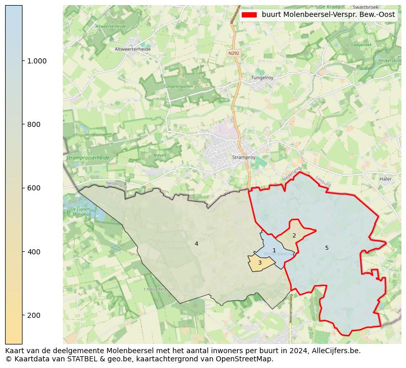 Aantal inwoners op de kaart van de buurt Molenbeersel-Verspr. Bew.-Oost: Op deze pagina vind je veel informatie over inwoners (zoals de verdeling naar leeftijdsgroepen, gezinssamenstelling, geslacht, autochtoon of Belgisch met een immigratie achtergrond,...), woningen (aantallen, types, prijs ontwikkeling, gebruik, type eigendom,...) en méér (autobezit, energieverbruik,...)  op basis van open data van STATBEL en diverse andere bronnen!