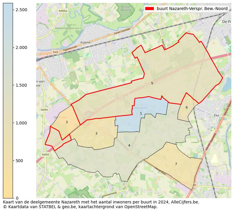 Aantal inwoners op de kaart van de buurt Nazareth-Verspr. Bew.-Noord: Op deze pagina vind je veel informatie over inwoners (zoals de verdeling naar leeftijdsgroepen, gezinssamenstelling, geslacht, autochtoon of Belgisch met een immigratie achtergrond,...), woningen (aantallen, types, prijs ontwikkeling, gebruik, type eigendom,...) en méér (autobezit, energieverbruik,...)  op basis van open data van STATBEL en diverse andere bronnen!