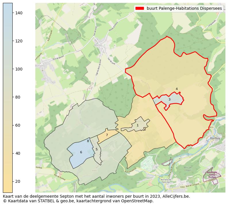 Aantal inwoners op de kaart van de buurt Palenge-Habitations Dispersees: Op deze pagina vind je veel informatie over inwoners (zoals de verdeling naar leeftijdsgroepen, gezinssamenstelling, geslacht, autochtoon of Belgisch met een immigratie achtergrond,...), woningen (aantallen, types, prijs ontwikkeling, gebruik, type eigendom,...) en méér (autobezit, energieverbruik,...)  op basis van open data van STATBEL en diverse andere bronnen!