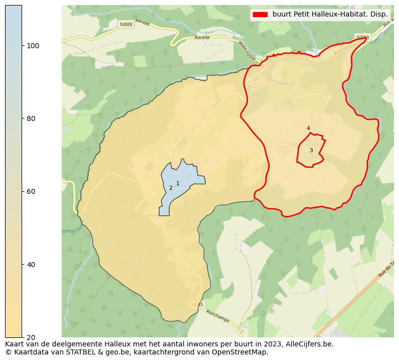 Aantal inwoners op de kaart van de buurt Petit Halleux-Habitat. Disp.: Op deze pagina vind je veel informatie over inwoners (zoals de verdeling naar leeftijdsgroepen, gezinssamenstelling, geslacht, autochtoon of Belgisch met een immigratie achtergrond,...), woningen (aantallen, types, prijs ontwikkeling, gebruik, type eigendom,...) en méér (autobezit, energieverbruik,...)  op basis van open data van STATBEL en diverse andere bronnen!