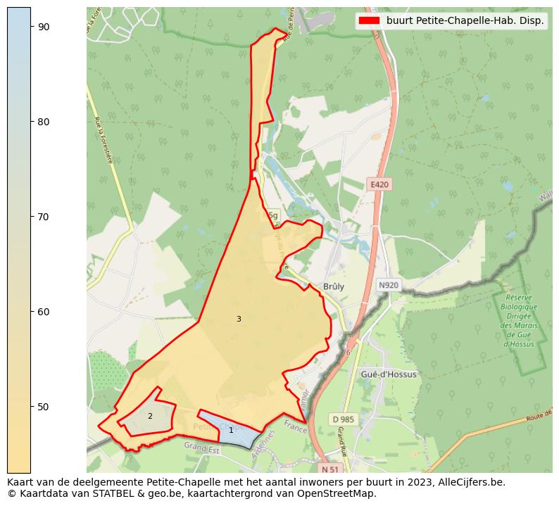 Aantal inwoners op de kaart van de buurt Petite-Chapelle-Hab. Disp.: Op deze pagina vind je veel informatie over inwoners (zoals de verdeling naar leeftijdsgroepen, gezinssamenstelling, geslacht, autochtoon of Belgisch met een immigratie achtergrond,...), woningen (aantallen, types, prijs ontwikkeling, gebruik, type eigendom,...) en méér (autobezit, energieverbruik,...)  op basis van open data van STATBEL en diverse andere bronnen!