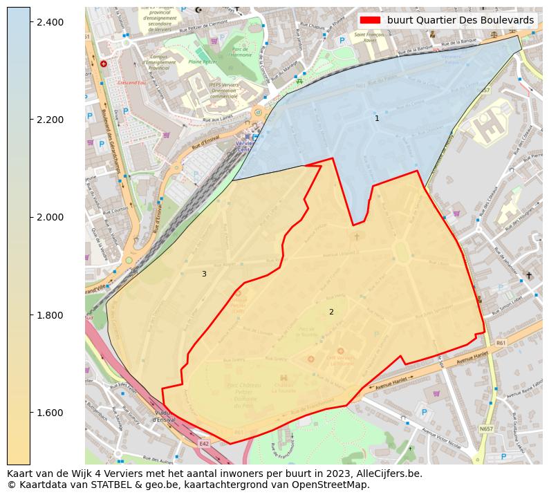 Aantal inwoners op de kaart van de buurt Quartier Des Boulevards: Op deze pagina vind je veel informatie over inwoners (zoals de verdeling naar leeftijdsgroepen, gezinssamenstelling, geslacht, autochtoon of Belgisch met een immigratie achtergrond,...), woningen (aantallen, types, prijs ontwikkeling, gebruik, type eigendom,...) en méér (autobezit, energieverbruik,...)  op basis van open data van STATBEL en diverse andere bronnen!