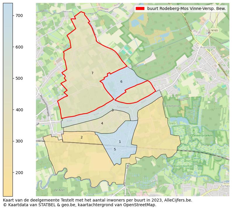 Aantal inwoners op de kaart van de buurt Rodeberg-Mos Vinne-Versp. Bew.: Op deze pagina vind je veel informatie over inwoners (zoals de verdeling naar leeftijdsgroepen, gezinssamenstelling, geslacht, autochtoon of Belgisch met een immigratie achtergrond,...), woningen (aantallen, types, prijs ontwikkeling, gebruik, type eigendom,...) en méér (autobezit, energieverbruik,...)  op basis van open data van STATBEL en diverse andere bronnen!