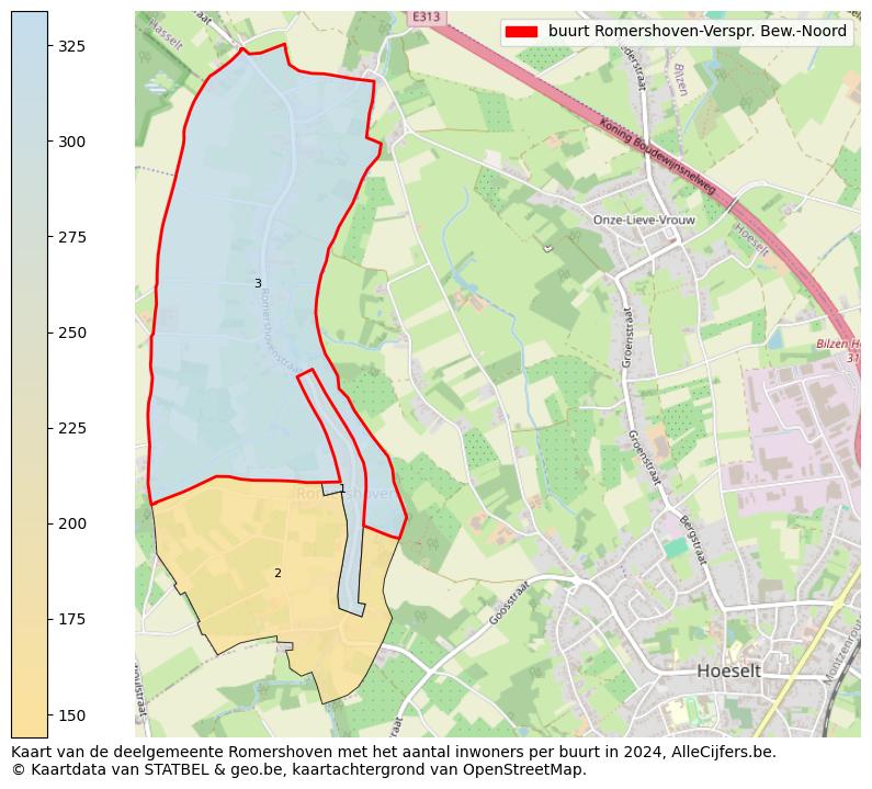 Aantal inwoners op de kaart van de buurt Romershoven-Verspr. Bew.-Noord: Op deze pagina vind je veel informatie over inwoners (zoals de verdeling naar leeftijdsgroepen, gezinssamenstelling, geslacht, autochtoon of Belgisch met een immigratie achtergrond,...), woningen (aantallen, types, prijs ontwikkeling, gebruik, type eigendom,...) en méér (autobezit, energieverbruik,...)  op basis van open data van STATBEL en diverse andere bronnen!