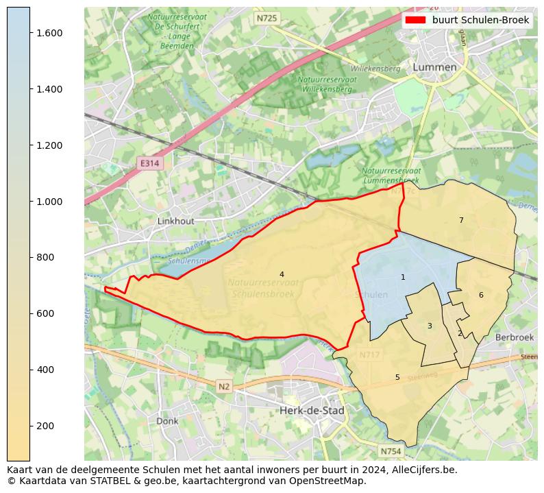 Aantal inwoners op de kaart van de buurt Schulen-Broek: Op deze pagina vind je veel informatie over inwoners (zoals de verdeling naar leeftijdsgroepen, gezinssamenstelling, geslacht, autochtoon of Belgisch met een immigratie achtergrond,...), woningen (aantallen, types, prijs ontwikkeling, gebruik, type eigendom,...) en méér (autobezit, energieverbruik,...)  op basis van open data van STATBEL en diverse andere bronnen!
