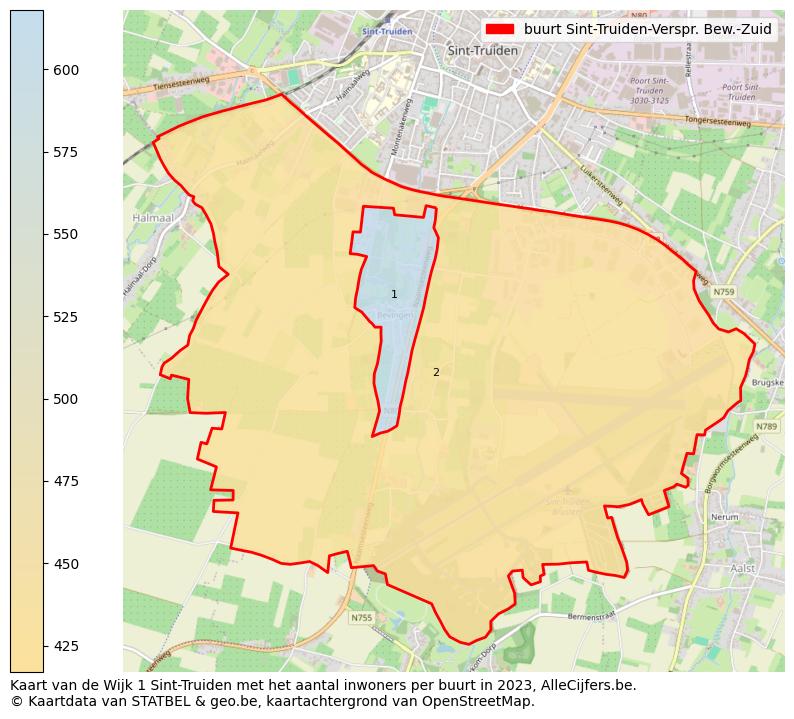 Aantal inwoners op de kaart van de buurt Sint-Truiden-Verspr. Bew.-Zuid: Op deze pagina vind je veel informatie over inwoners (zoals de verdeling naar leeftijdsgroepen, gezinssamenstelling, geslacht, autochtoon of Belgisch met een immigratie achtergrond,...), woningen (aantallen, types, prijs ontwikkeling, gebruik, type eigendom,...) en méér (autobezit, energieverbruik,...)  op basis van open data van STATBEL en diverse andere bronnen!