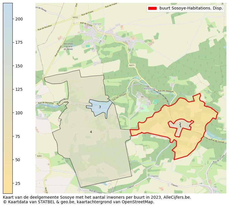 Aantal inwoners op de kaart van de buurt Sosoye-Habitations. Disp.: Op deze pagina vind je veel informatie over inwoners (zoals de verdeling naar leeftijdsgroepen, gezinssamenstelling, geslacht, autochtoon of Belgisch met een immigratie achtergrond,...), woningen (aantallen, types, prijs ontwikkeling, gebruik, type eigendom,...) en méér (autobezit, energieverbruik,...)  op basis van open data van STATBEL en diverse andere bronnen!