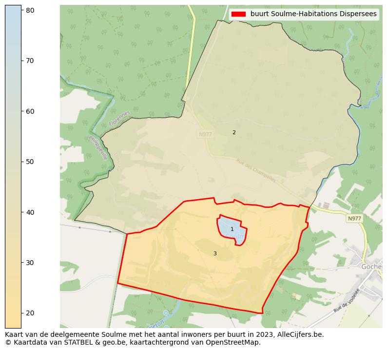 Aantal inwoners op de kaart van de buurt Soulme-Habitations Dispersees: Op deze pagina vind je veel informatie over inwoners (zoals de verdeling naar leeftijdsgroepen, gezinssamenstelling, geslacht, autochtoon of Belgisch met een immigratie achtergrond,...), woningen (aantallen, types, prijs ontwikkeling, gebruik, type eigendom,...) en méér (autobezit, energieverbruik,...)  op basis van open data van STATBEL en diverse andere bronnen!