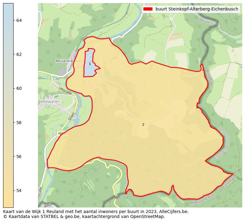 Aantal inwoners op de kaart van de buurt Steinkopf-Alterberg-Eichenbusch: Op deze pagina vind je veel informatie over inwoners (zoals de verdeling naar leeftijdsgroepen, gezinssamenstelling, geslacht, autochtoon of Belgisch met een immigratie achtergrond,...), woningen (aantallen, types, prijs ontwikkeling, gebruik, type eigendom,...) en méér (autobezit, energieverbruik,...)  op basis van open data van STATBEL en diverse andere bronnen!