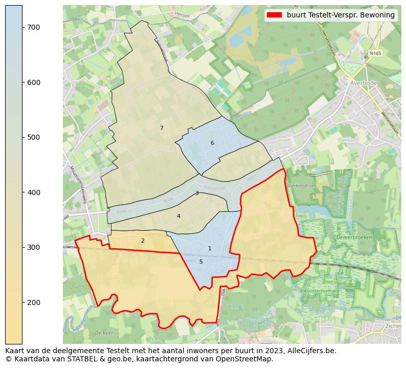 Aantal inwoners op de kaart van de buurt Testelt-Verspr. Bewoning: Op deze pagina vind je veel informatie over inwoners (zoals de verdeling naar leeftijdsgroepen, gezinssamenstelling, geslacht, autochtoon of Belgisch met een immigratie achtergrond,...), woningen (aantallen, types, prijs ontwikkeling, gebruik, type eigendom,...) en méér (autobezit, energieverbruik,...)  op basis van open data van STATBEL en diverse andere bronnen!