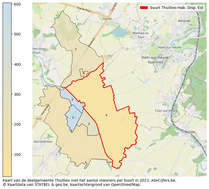 Aantal inwoners op de kaart van de buurt Thuillies-Hab. Disp. Est: Op deze pagina vind je veel informatie over inwoners (zoals de verdeling naar leeftijdsgroepen, gezinssamenstelling, geslacht, autochtoon of Belgisch met een immigratie achtergrond,...), woningen (aantallen, types, prijs ontwikkeling, gebruik, type eigendom,...) en méér (autobezit, energieverbruik,...)  op basis van open data van STATBEL en diverse andere bronnen!