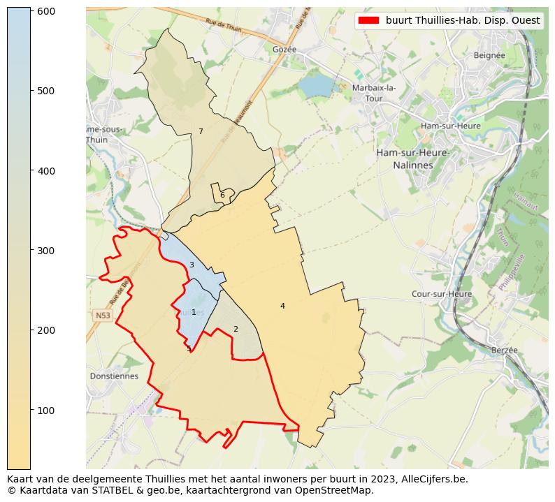 Aantal inwoners op de kaart van de buurt Thuillies-Hab. Disp. Ouest: Op deze pagina vind je veel informatie over inwoners (zoals de verdeling naar leeftijdsgroepen, gezinssamenstelling, geslacht, autochtoon of Belgisch met een immigratie achtergrond,...), woningen (aantallen, types, prijs ontwikkeling, gebruik, type eigendom,...) en méér (autobezit, energieverbruik,...)  op basis van open data van STATBEL en diverse andere bronnen!