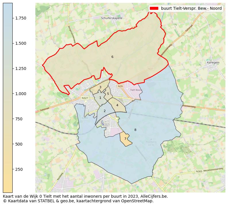 Aantal inwoners op de kaart van de buurt Tielt-Verspr. Bew.- Noord: Op deze pagina vind je veel informatie over inwoners (zoals de verdeling naar leeftijdsgroepen, gezinssamenstelling, geslacht, autochtoon of Belgisch met een immigratie achtergrond,...), woningen (aantallen, types, prijs ontwikkeling, gebruik, type eigendom,...) en méér (autobezit, energieverbruik,...)  op basis van open data van STATBEL en diverse andere bronnen!