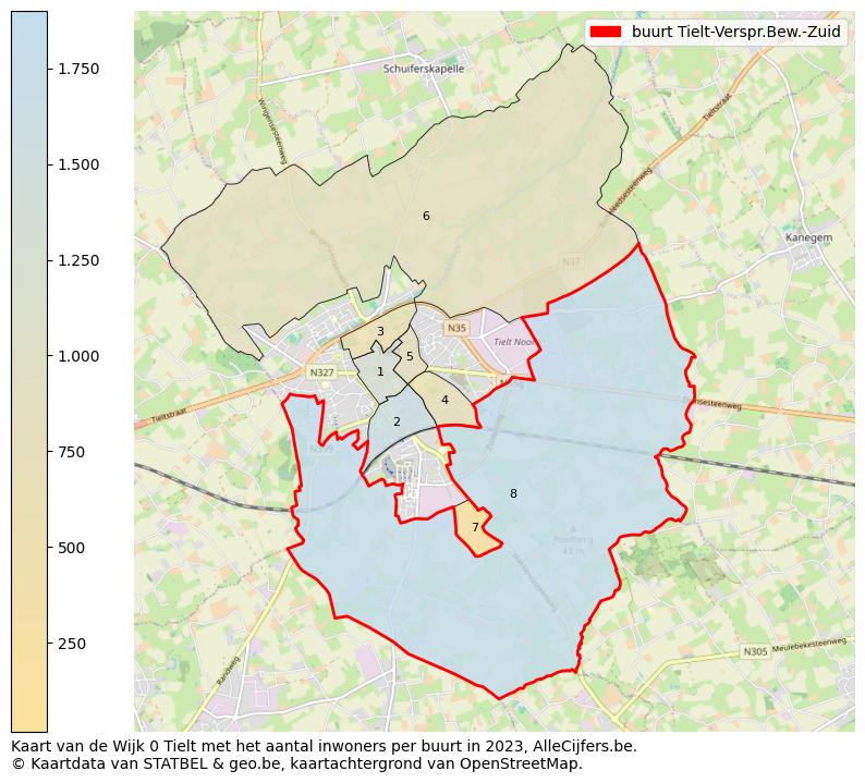 Aantal inwoners op de kaart van de buurt Tielt-Verspr.Bew.-Zuid: Op deze pagina vind je veel informatie over inwoners (zoals de verdeling naar leeftijdsgroepen, gezinssamenstelling, geslacht, autochtoon of Belgisch met een immigratie achtergrond,...), woningen (aantallen, types, prijs ontwikkeling, gebruik, type eigendom,...) en méér (autobezit, energieverbruik,...)  op basis van open data van STATBEL en diverse andere bronnen!