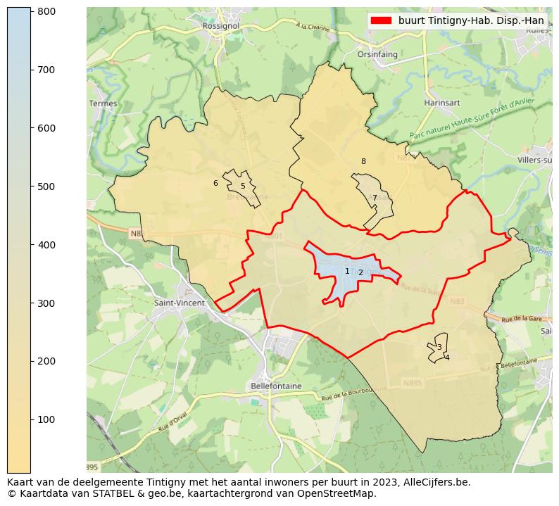Aantal inwoners op de kaart van de buurt Tintigny-Hab. Disp.-Han: Op deze pagina vind je veel informatie over inwoners (zoals de verdeling naar leeftijdsgroepen, gezinssamenstelling, geslacht, autochtoon of Belgisch met een immigratie achtergrond,...), woningen (aantallen, types, prijs ontwikkeling, gebruik, type eigendom,...) en méér (autobezit, energieverbruik,...)  op basis van open data van STATBEL en diverse andere bronnen!