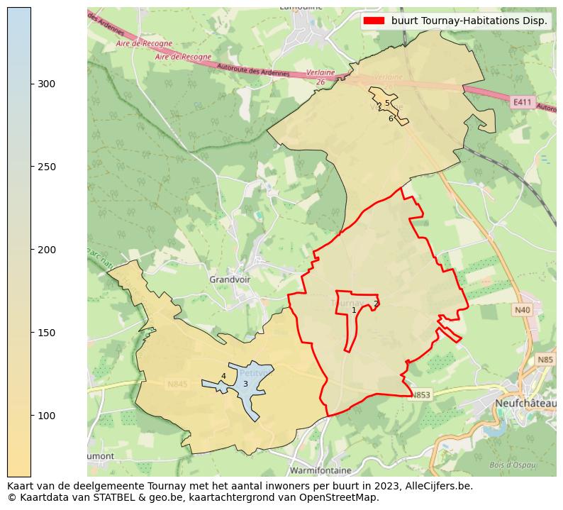 Aantal inwoners op de kaart van de buurt Tournay-Habitations Disp.: Op deze pagina vind je veel informatie over inwoners (zoals de verdeling naar leeftijdsgroepen, gezinssamenstelling, geslacht, autochtoon of Belgisch met een immigratie achtergrond,...), woningen (aantallen, types, prijs ontwikkeling, gebruik, type eigendom,...) en méér (autobezit, energieverbruik,...)  op basis van open data van STATBEL en diverse andere bronnen!