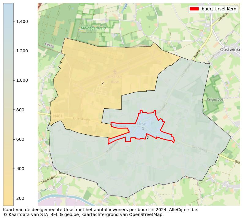 Aantal inwoners op de kaart van de buurt Ursel-Kern: Op deze pagina vind je veel informatie over inwoners (zoals de verdeling naar leeftijdsgroepen, gezinssamenstelling, geslacht, autochtoon of Belgisch met een immigratie achtergrond,...), woningen (aantallen, types, prijs ontwikkeling, gebruik, type eigendom,...) en méér (autobezit, energieverbruik,...)  op basis van open data van STATBEL en diverse andere bronnen!