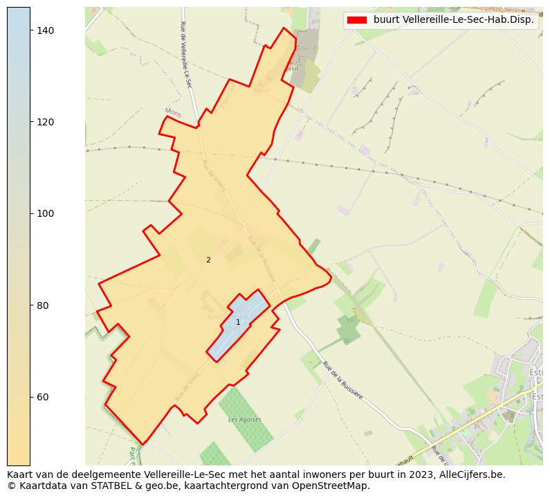 Aantal inwoners op de kaart van de buurt Vellereille-Le-Sec-Hab.Disp.: Op deze pagina vind je veel informatie over inwoners (zoals de verdeling naar leeftijdsgroepen, gezinssamenstelling, geslacht, autochtoon of Belgisch met een immigratie achtergrond,...), woningen (aantallen, types, prijs ontwikkeling, gebruik, type eigendom,...) en méér (autobezit, energieverbruik,...)  op basis van open data van STATBEL en diverse andere bronnen!
