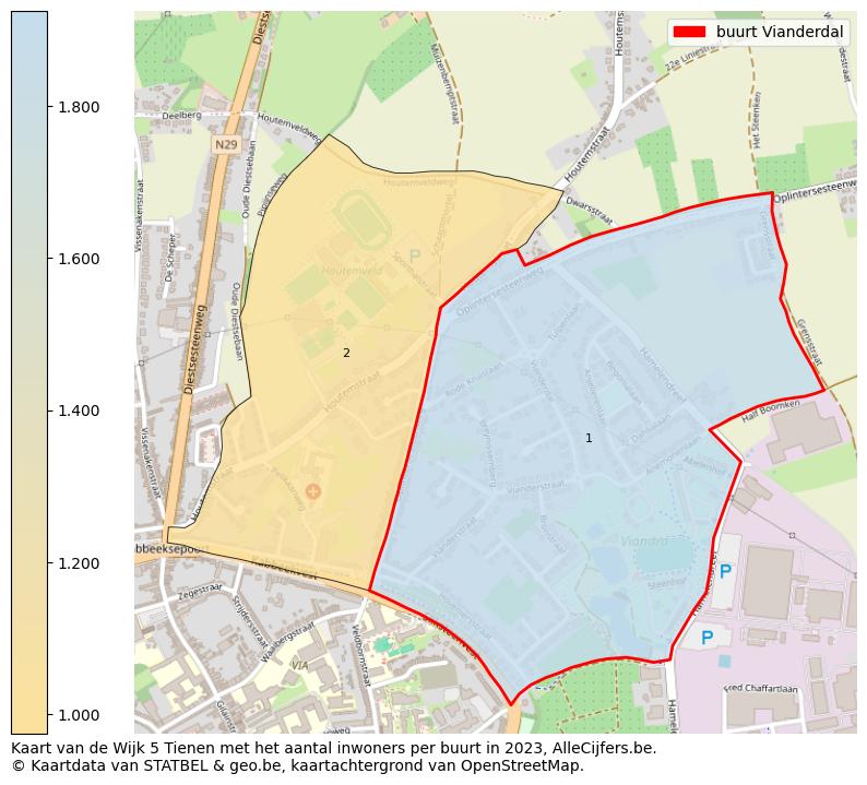 Aantal inwoners op de kaart van de buurt Vianderdal: Op deze pagina vind je veel informatie over inwoners (zoals de verdeling naar leeftijdsgroepen, gezinssamenstelling, geslacht, autochtoon of Belgisch met een immigratie achtergrond,...), woningen (aantallen, types, prijs ontwikkeling, gebruik, type eigendom,...) en méér (autobezit, energieverbruik,...)  op basis van open data van STATBEL en diverse andere bronnen!