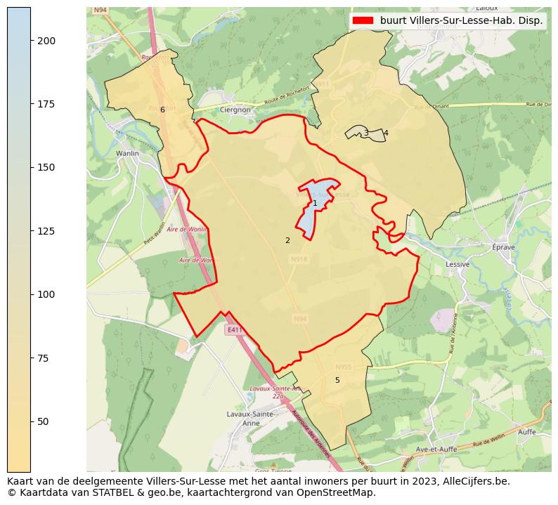 Aantal inwoners op de kaart van de buurt Villers-Sur-Lesse-Hab. Disp.: Op deze pagina vind je veel informatie over inwoners (zoals de verdeling naar leeftijdsgroepen, gezinssamenstelling, geslacht, autochtoon of Belgisch met een immigratie achtergrond,...), woningen (aantallen, types, prijs ontwikkeling, gebruik, type eigendom,...) en méér (autobezit, energieverbruik,...)  op basis van open data van STATBEL en diverse andere bronnen!