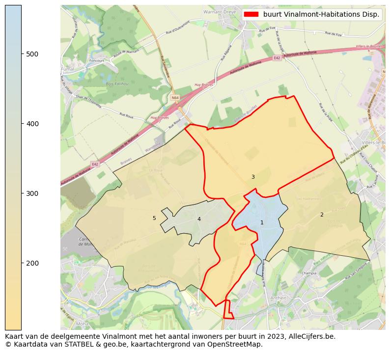 Aantal inwoners op de kaart van de buurt Vinalmont-Habitations Disp.: Op deze pagina vind je veel informatie over inwoners (zoals de verdeling naar leeftijdsgroepen, gezinssamenstelling, geslacht, autochtoon of Belgisch met een immigratie achtergrond,...), woningen (aantallen, types, prijs ontwikkeling, gebruik, type eigendom,...) en méér (autobezit, energieverbruik,...)  op basis van open data van STATBEL en diverse andere bronnen!