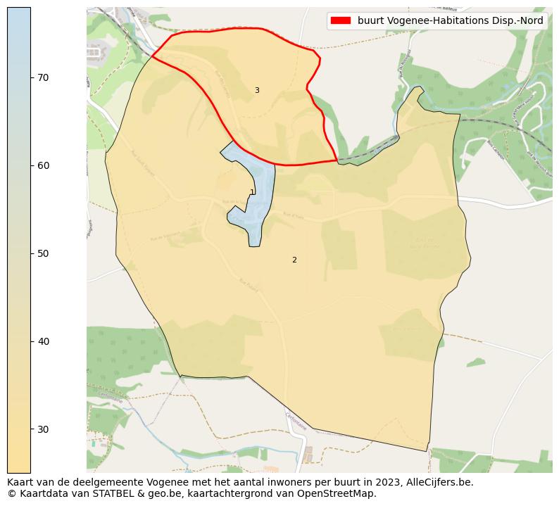 Aantal inwoners op de kaart van de buurt Vogenee-Habitations Disp.-Nord: Op deze pagina vind je veel informatie over inwoners (zoals de verdeling naar leeftijdsgroepen, gezinssamenstelling, geslacht, autochtoon of Belgisch met een immigratie achtergrond,...), woningen (aantallen, types, prijs ontwikkeling, gebruik, type eigendom,...) en méér (autobezit, energieverbruik,...)  op basis van open data van STATBEL en diverse andere bronnen!