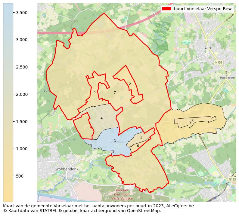 Aantal inwoners op de kaart van de buurt Vorselaar-Verspr. Bew.: Op deze pagina vind je veel informatie over inwoners (zoals de verdeling naar leeftijdsgroepen, gezinssamenstelling, geslacht, autochtoon of Belgisch met een immigratie achtergrond,...), woningen (aantallen, types, prijs ontwikkeling, gebruik, type eigendom,...) en méér (autobezit, energieverbruik,...)  op basis van open data van STATBEL en diverse andere bronnen!