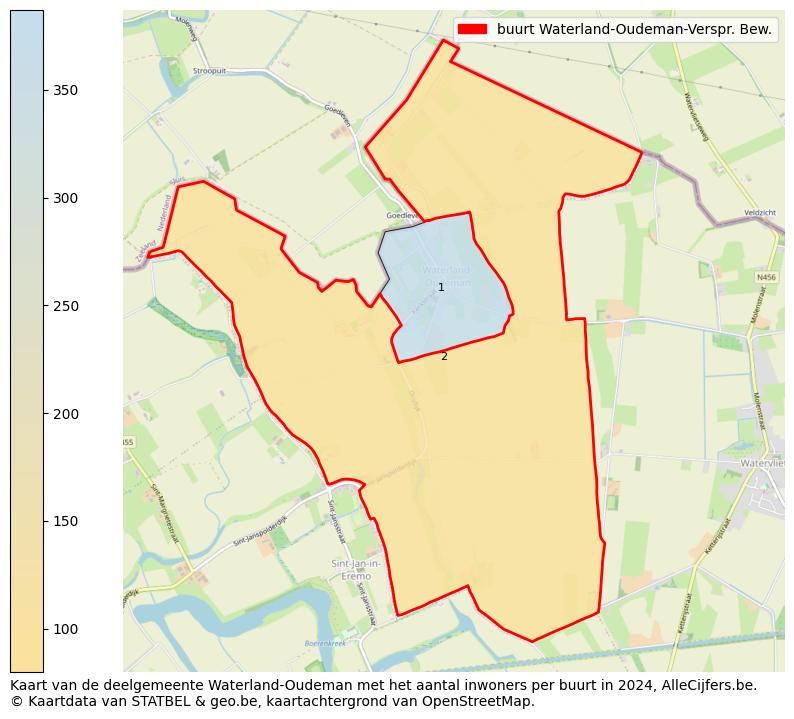 Aantal inwoners op de kaart van de buurt Waterland-Oudeman-Verspr. Bew.: Op deze pagina vind je veel informatie over inwoners (zoals de verdeling naar leeftijdsgroepen, gezinssamenstelling, geslacht, autochtoon of Belgisch met een immigratie achtergrond,...), woningen (aantallen, types, prijs ontwikkeling, gebruik, type eigendom,...) en méér (autobezit, energieverbruik,...)  op basis van open data van STATBEL en diverse andere bronnen!