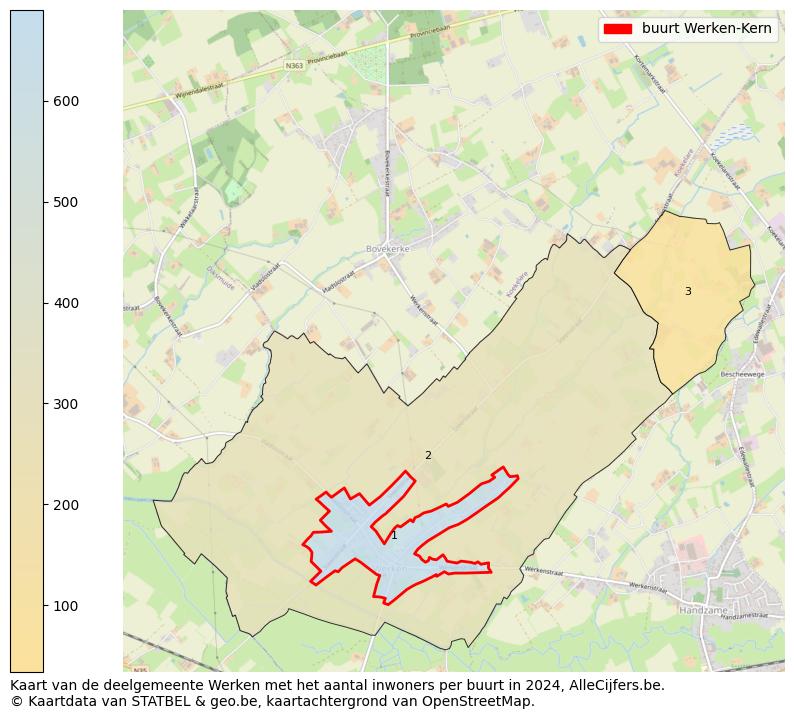 Aantal inwoners op de kaart van de buurt Werken-Kern: Op deze pagina vind je veel informatie over inwoners (zoals de verdeling naar leeftijdsgroepen, gezinssamenstelling, geslacht, autochtoon of Belgisch met een immigratie achtergrond,...), woningen (aantallen, types, prijs ontwikkeling, gebruik, type eigendom,...) en méér (autobezit, energieverbruik,...)  op basis van open data van STATBEL en diverse andere bronnen!
