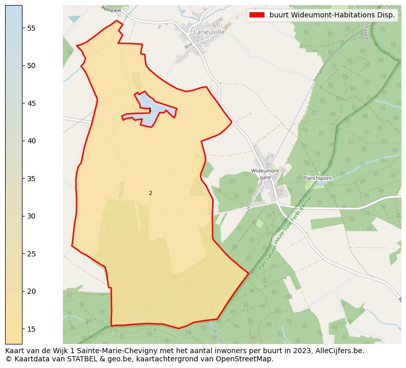 Aantal inwoners op de kaart van de buurt Wideumont-Habitations Disp.: Op deze pagina vind je veel informatie over inwoners (zoals de verdeling naar leeftijdsgroepen, gezinssamenstelling, geslacht, autochtoon of Belgisch met een immigratie achtergrond,...), woningen (aantallen, types, prijs ontwikkeling, gebruik, type eigendom,...) en méér (autobezit, energieverbruik,...)  op basis van open data van STATBEL en diverse andere bronnen!