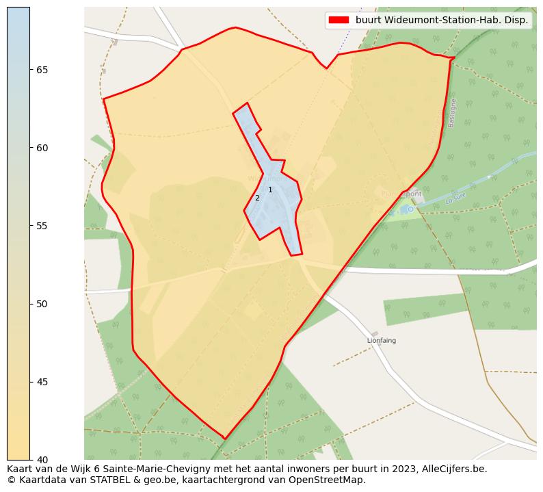 Aantal inwoners op de kaart van de buurt Wideumont-Station-Hab. Disp.: Op deze pagina vind je veel informatie over inwoners (zoals de verdeling naar leeftijdsgroepen, gezinssamenstelling, geslacht, autochtoon of Belgisch met een immigratie achtergrond,...), woningen (aantallen, types, prijs ontwikkeling, gebruik, type eigendom,...) en méér (autobezit, energieverbruik,...)  op basis van open data van STATBEL en diverse andere bronnen!