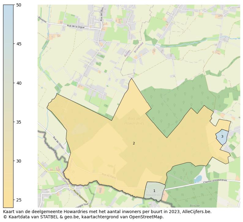 Aantal inwoners op de kaart van de deelgemeente Howardries: Op deze pagina vind je veel informatie over inwoners (zoals de verdeling naar leeftijdsgroepen, gezinssamenstelling, geslacht, autochtoon of Belgisch met een immigratie achtergrond,...), woningen (aantallen, types, prijs ontwikkeling, gebruik, type eigendom,...) en méér (autobezit, energieverbruik,...)  op basis van open data van STATBEL en diverse andere bronnen!