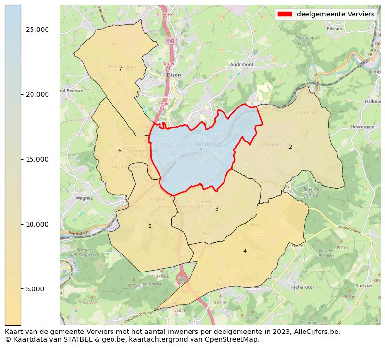 Aantal inwoners op de kaart van de deelgemeente Verviers: Op deze pagina vind je veel informatie over inwoners (zoals de verdeling naar leeftijdsgroepen, gezinssamenstelling, geslacht, autochtoon of Belgisch met een immigratie achtergrond,...), woningen (aantallen, types, prijs ontwikkeling, gebruik, type eigendom,...) en méér (autobezit, energieverbruik,...)  op basis van open data van STATBEL en diverse andere bronnen!